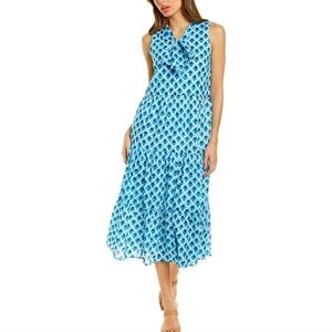 Sail To Sable STS Tiered Cotton Sleeveless Midi Dress Blue Geometric Tie Neck XS